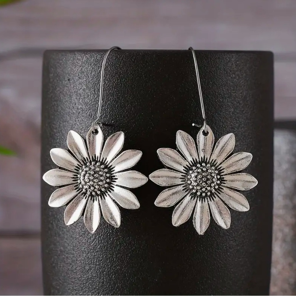 Sunflower Silver Fishhook Dangle Earrings - Picture 3 of 4